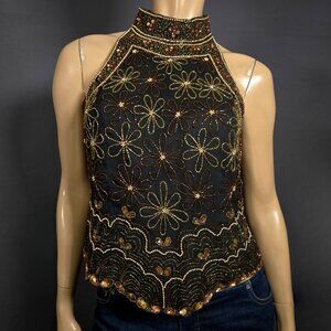 Vintage Adriana Papell Beaded Silk Sleeveless Blouse Size M Black Brown Boho
